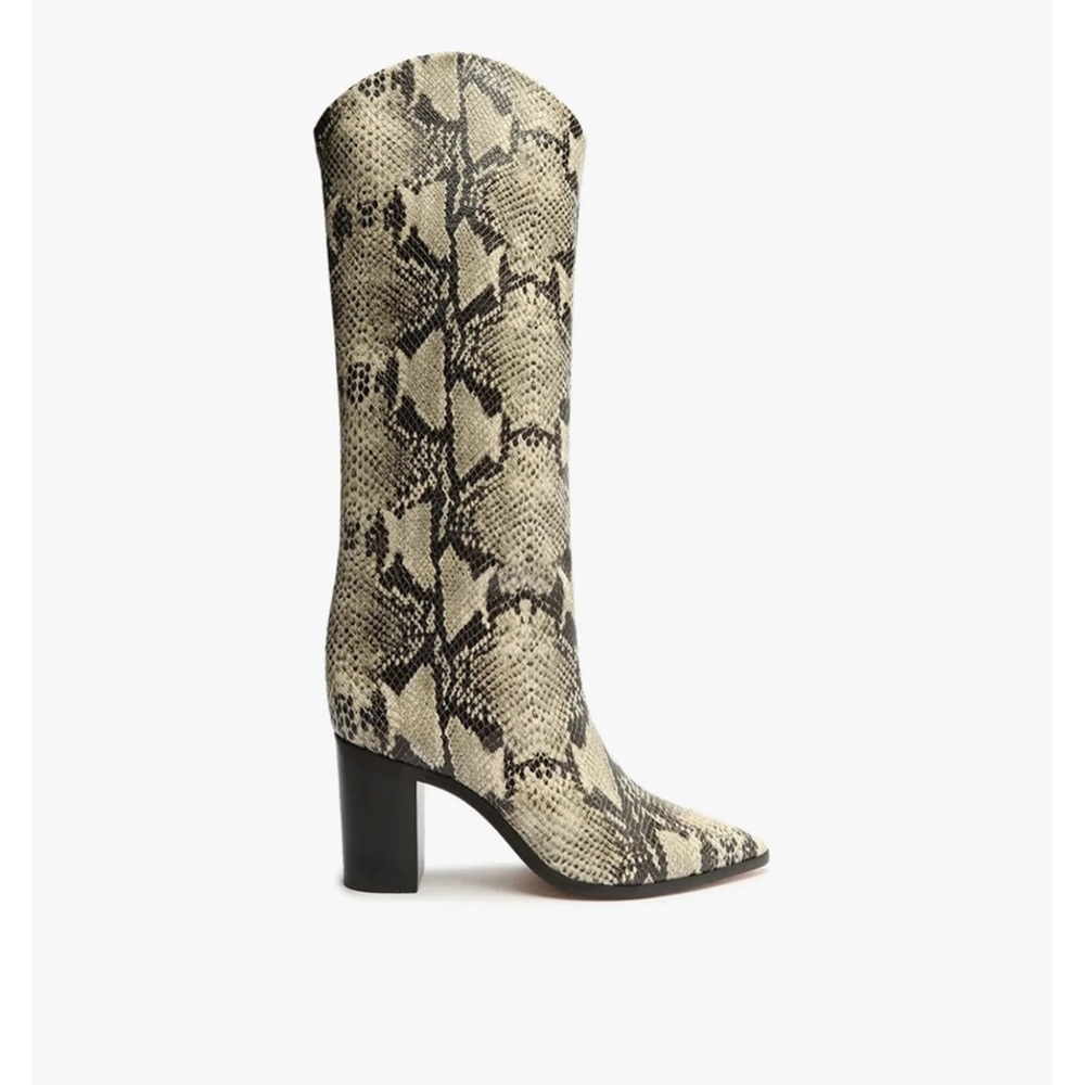 SCHUTZ Cream and Black Heeled Boots Snakeskin Pattern